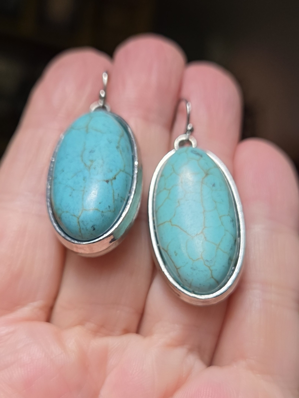 Turquoise Large Natural 22k Oval Drop Silver Earrings - Picture 4 of 8